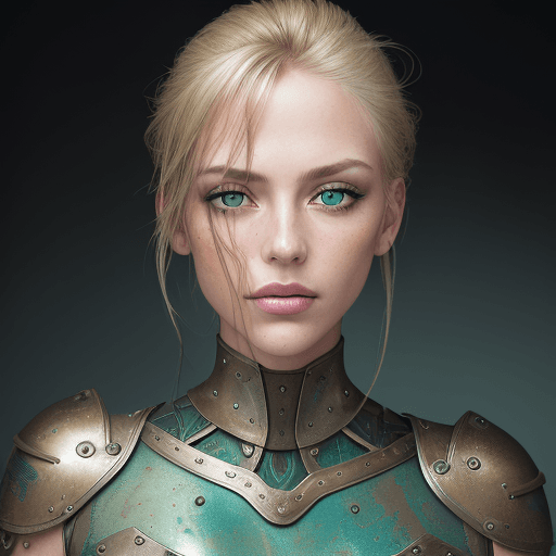 AI generated:  front direct view portrait of blond woman head, brown eyes, metalic skin, disappearing into the pat...