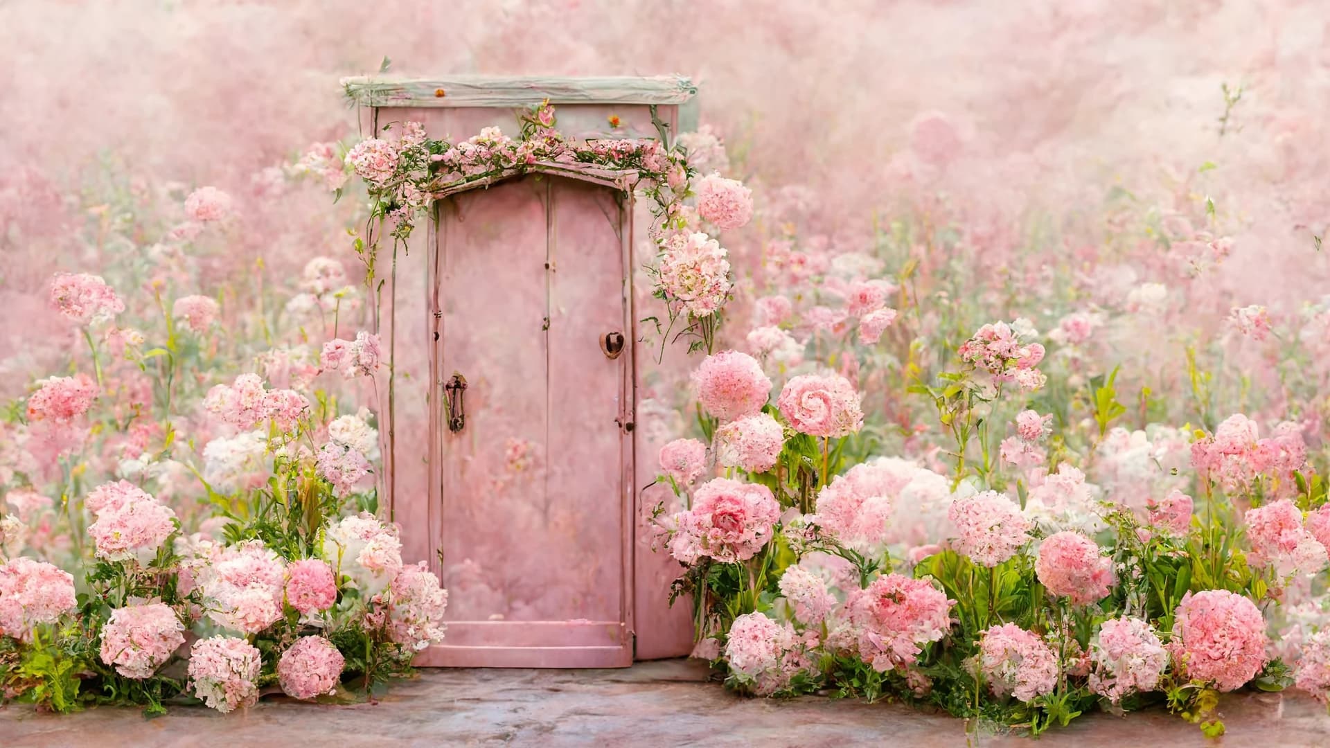 AI generated: a full size ornate pink door in a field of white and pink peonies and roses. Pastel flowers growing ...