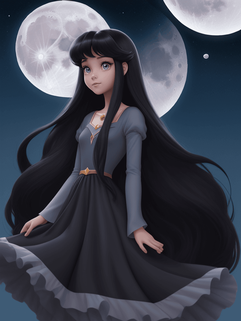 AI generated: black long hair, disney style, cute, pretty, moon