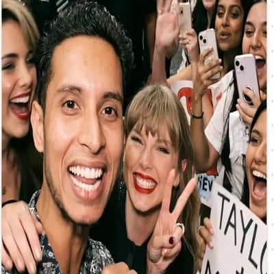 AI generated video: with Taylor Swift backstage at a concert, excited fans vibe