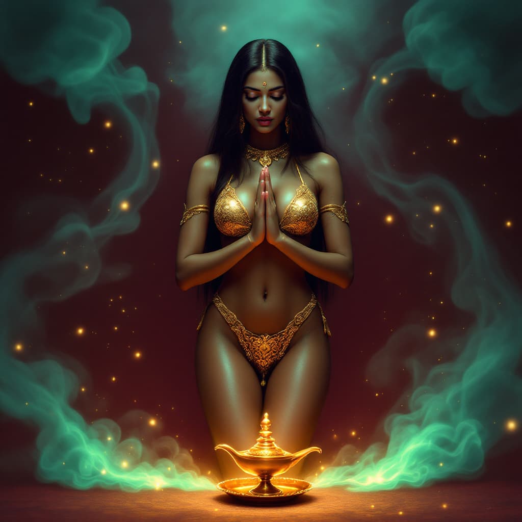 AI generated: An Indian woman with turquoise skin and dark straight hair is positioned directly in front of the ca...