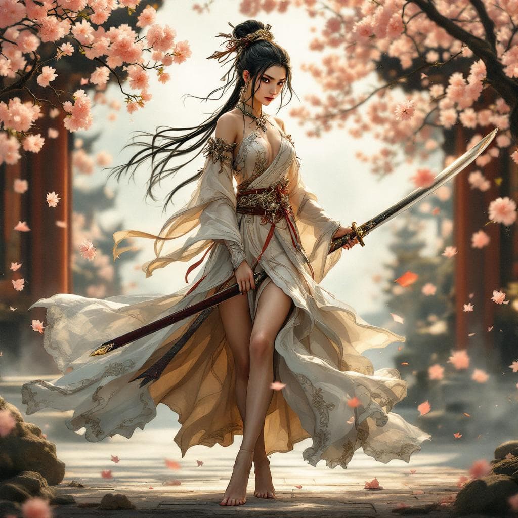 AI generated: Graceful Chinese warrior, Amazon inspiration, barefoot, full body view, focus on perfect feet perfec...