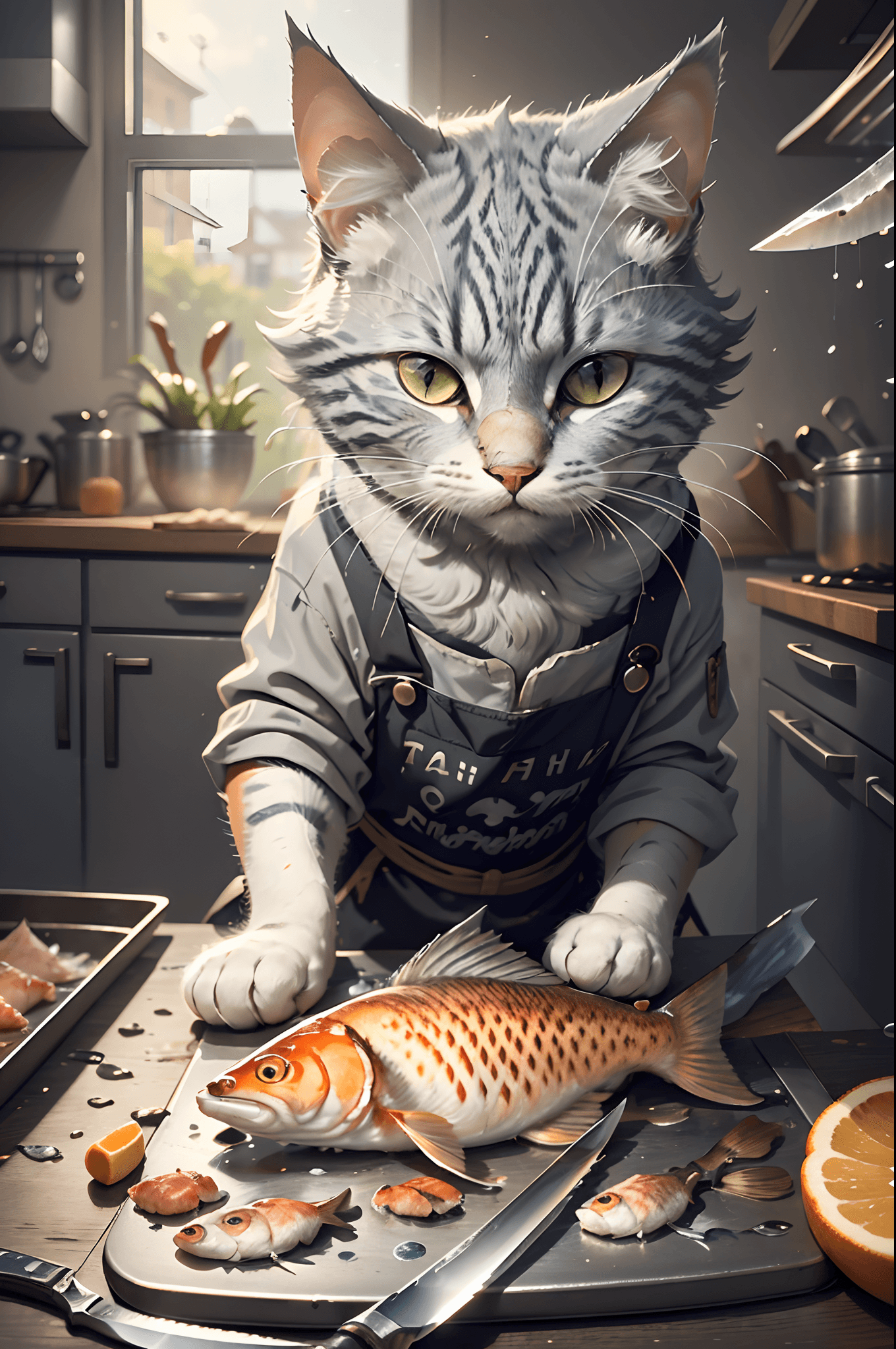 AI generated: close-up photography of (grey tabby cat:1.2) (cuts the fish with a knife on the table:1.2), (c4ttitu...
