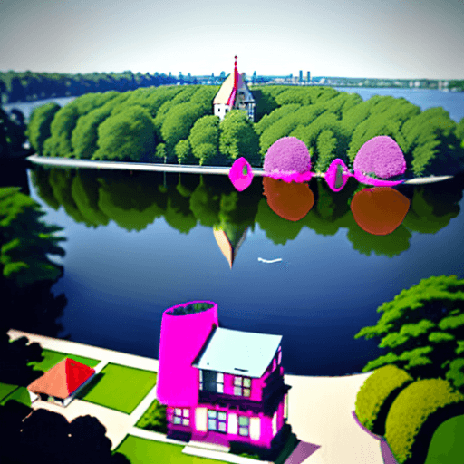 AI generated: Garden with a small single-family house in Bauhaus style by the lake. View of the house from diagona...