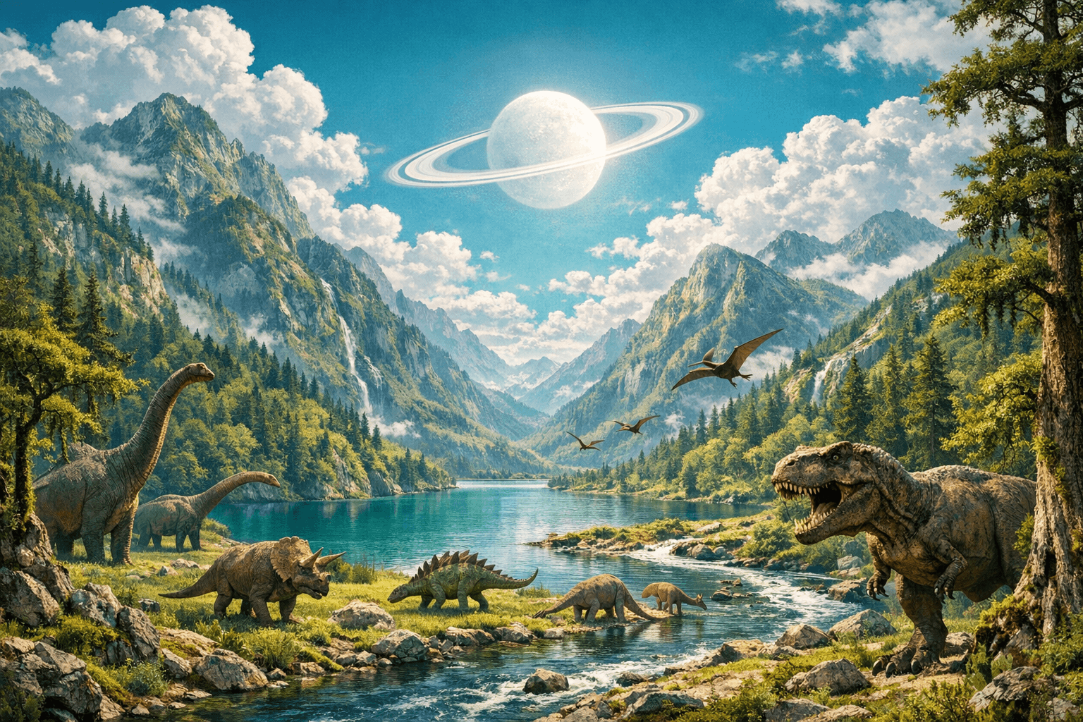 AI generated: a scenic view of a tall mountains covered in lush greens and moss covered trees with a lake and a ri...