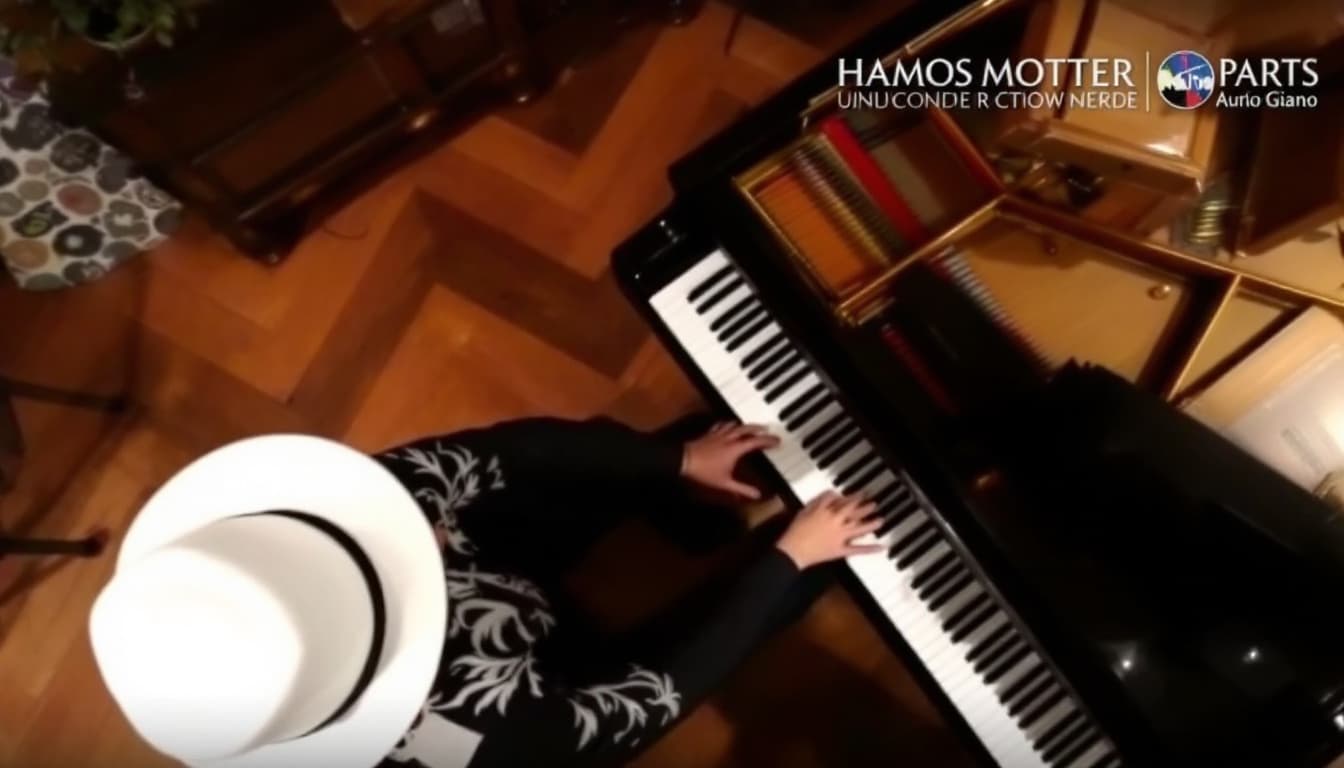 AI generated: A musician in a black and white shirt and white hat plays a grand piano from an overhead perspective...