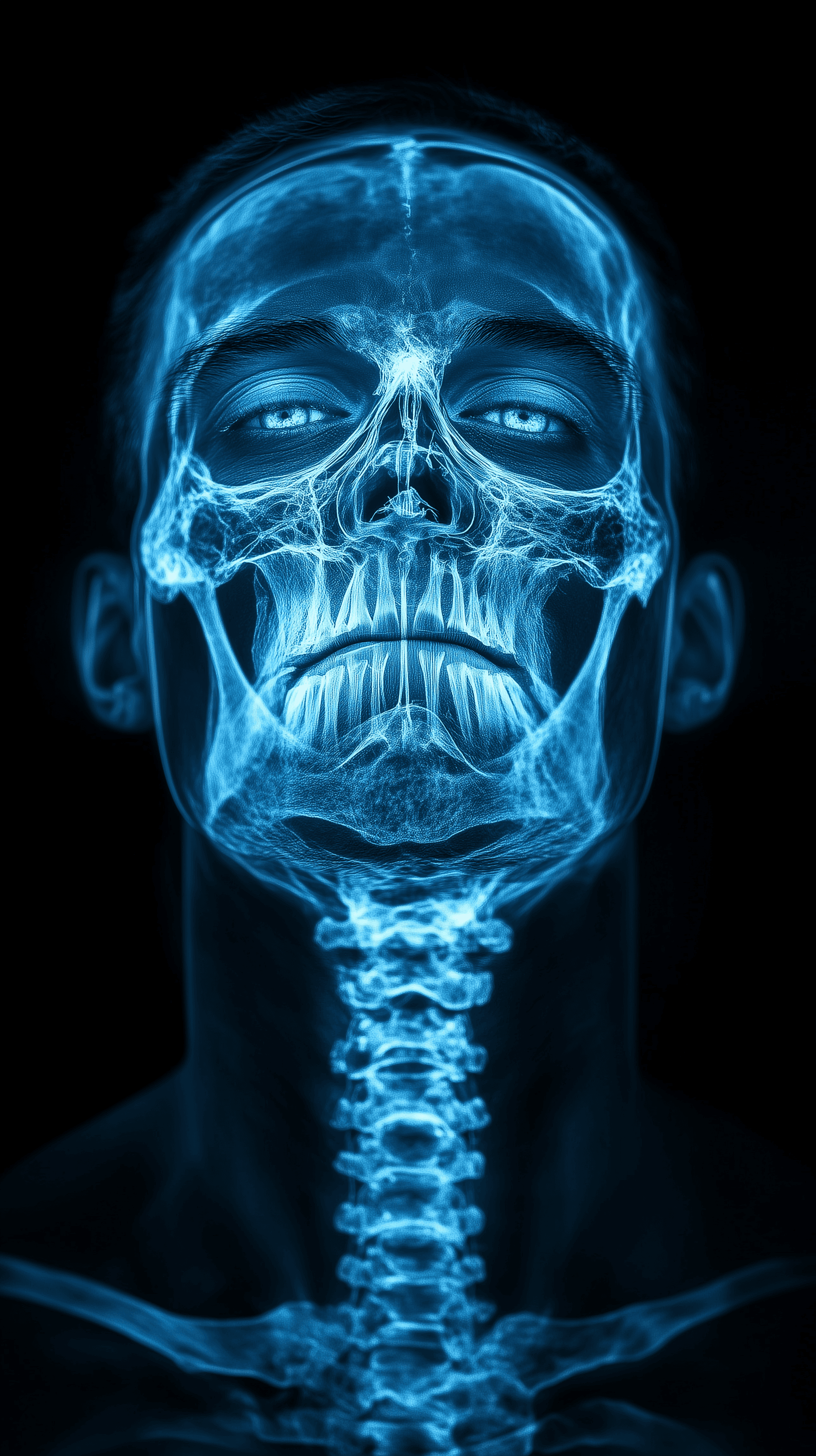 AI generated: blue x-ray, man face, gaze, black background, cyan color bone, mechanical, anatomy --ar 9:16 --style...