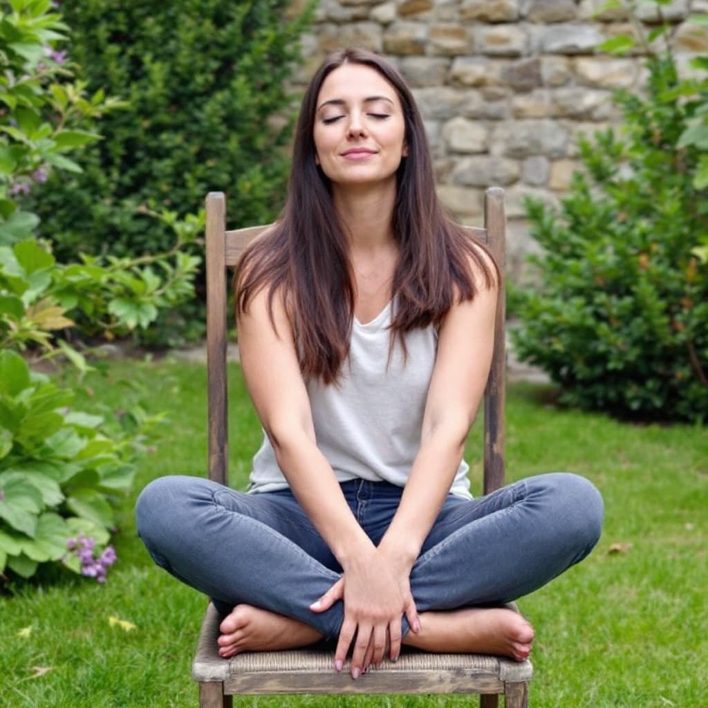 AI generated: A woman sits on a wooden chair with her spine straight and leaning against the chair outdoors with g...