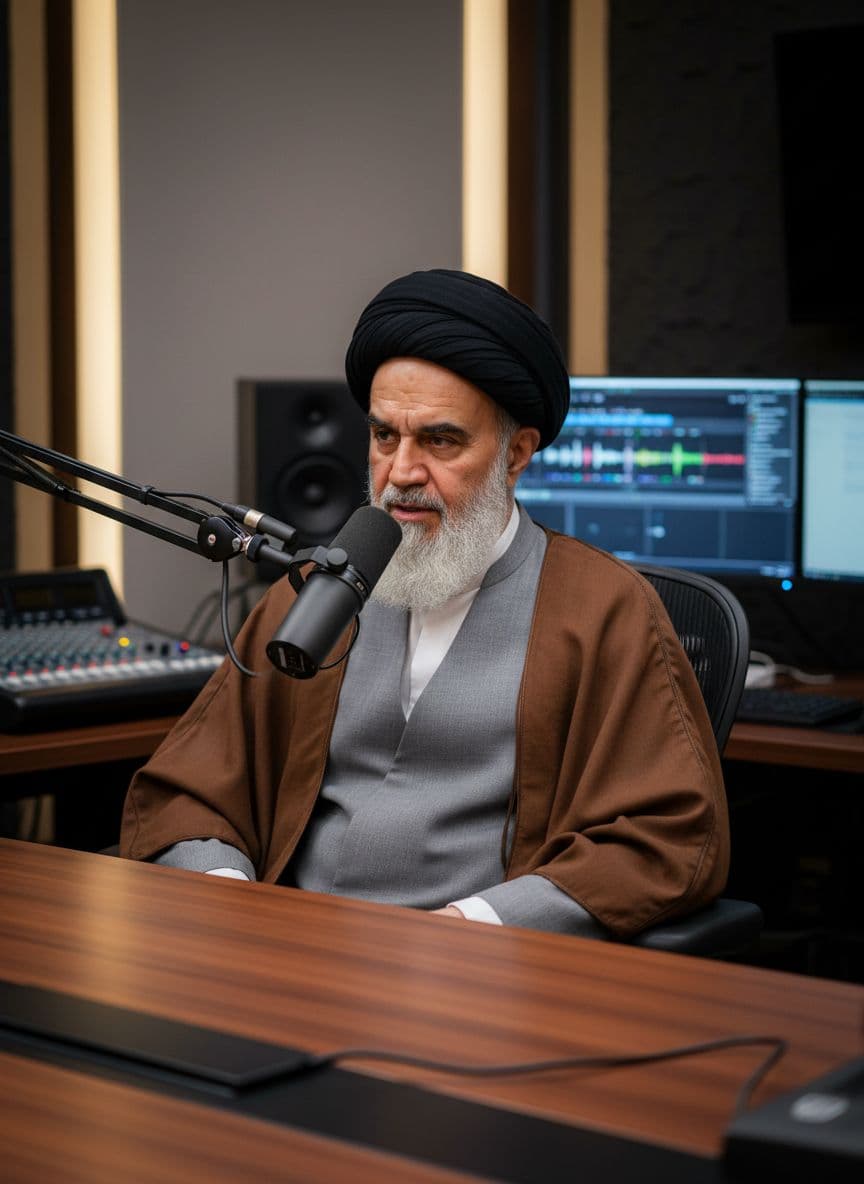 AI generated: regenerate as a handsome 40 yr old man in a podcast studio keep the beards and outfit 
