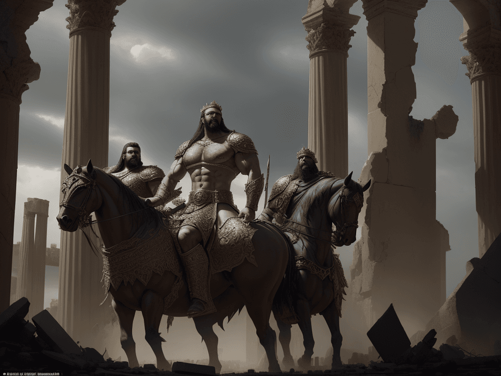 AI generated: God-King Darius:, King Alexander and three King  Capture the imposing figure of God-King Darius in a...