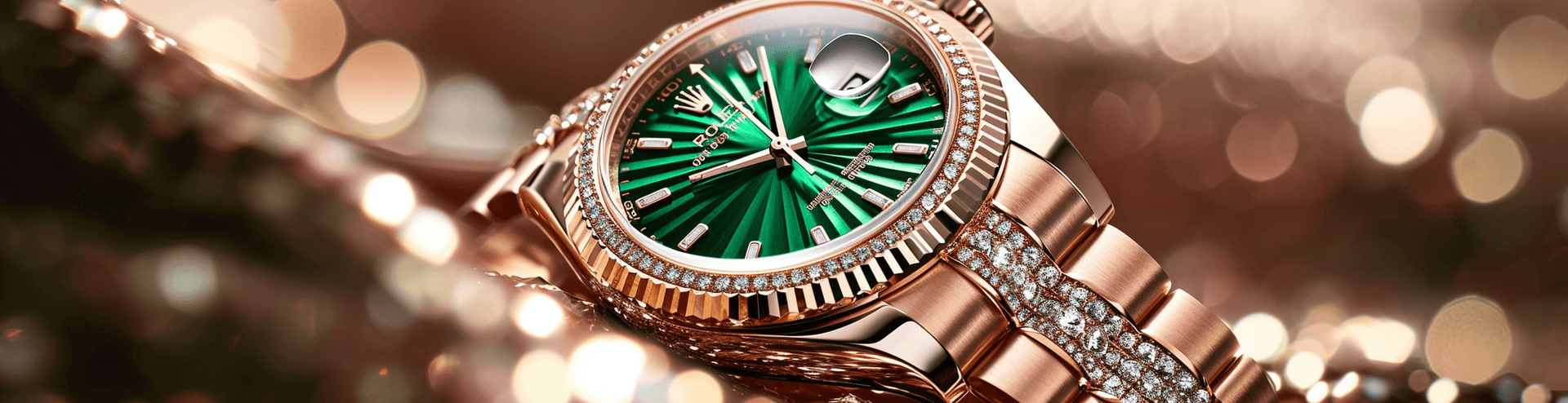 AI generated: rolex datejust 18kt rose gold emerald green, in the style of glitter and diamond dust, wealthy portr...