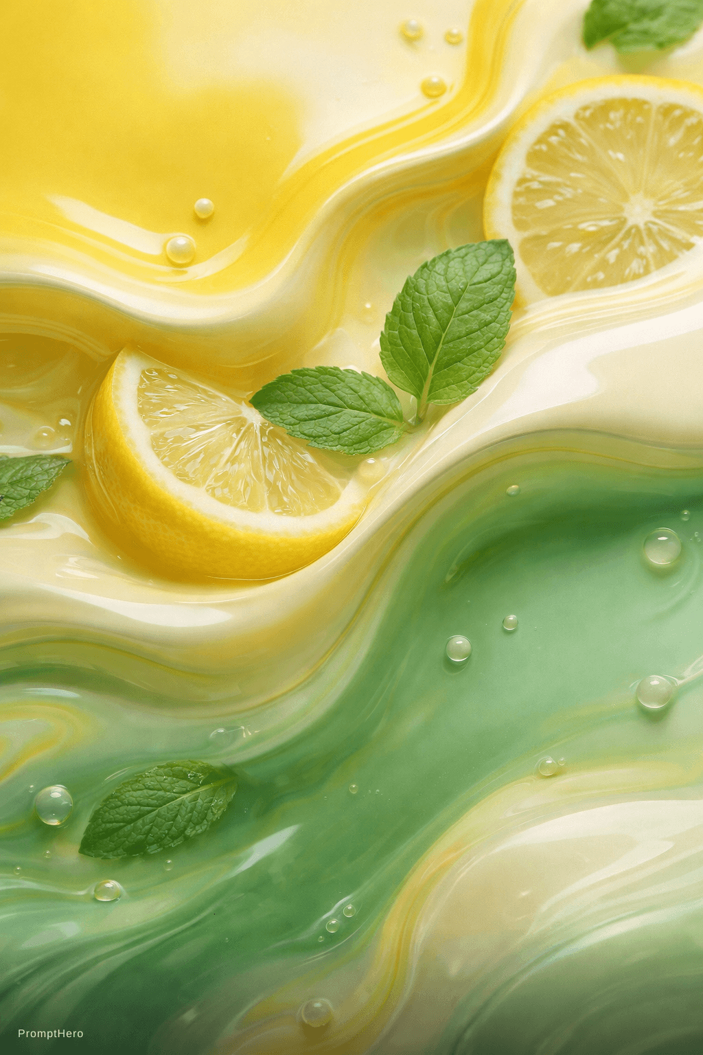 AI generated: A high-end abstract fluid composition featuring a harmonious blend of fresh lemon and mint elements....