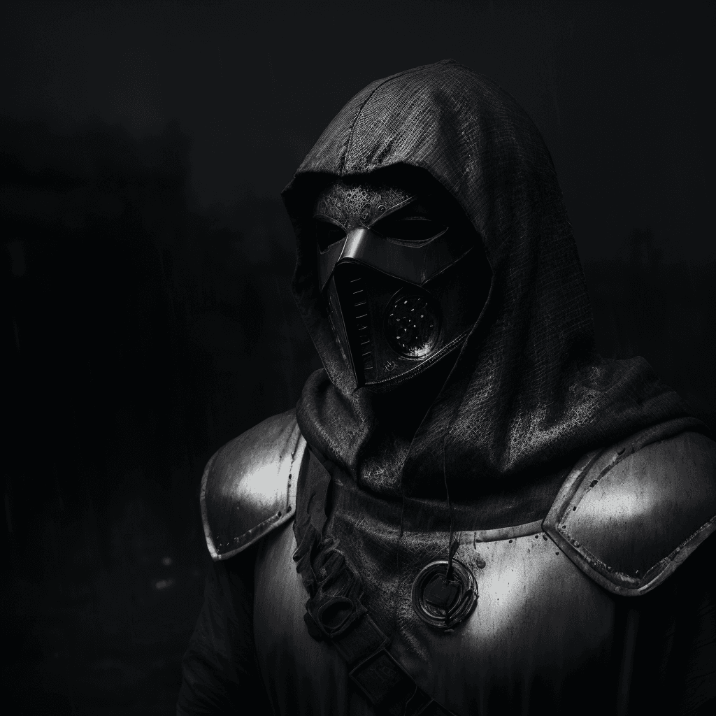 AI generated: masked man, dark torn hood, dark rainy foggy night, intricate dark and chrome damaged armor, smoke a...