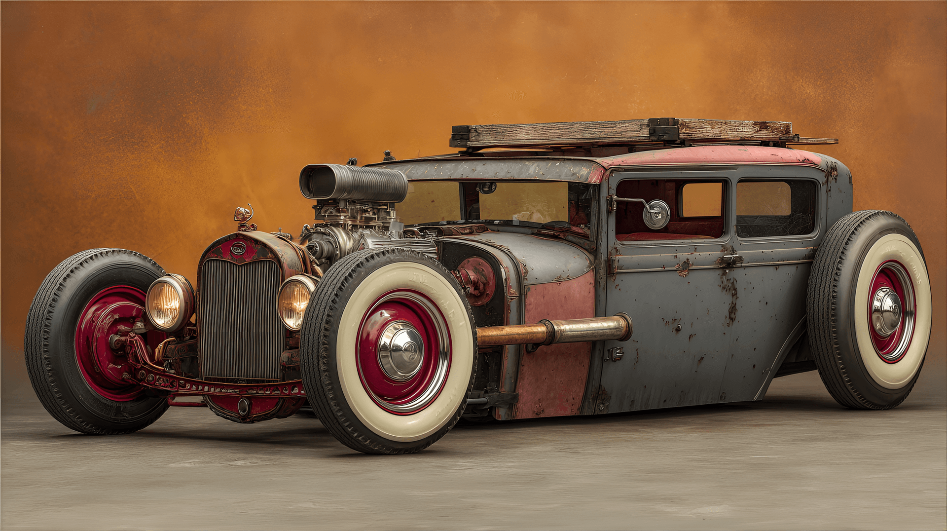 AI generated: Rusty, custom-built hot rod, vintage 1920s style, low profile, side view, dark charcoal gray and red...
