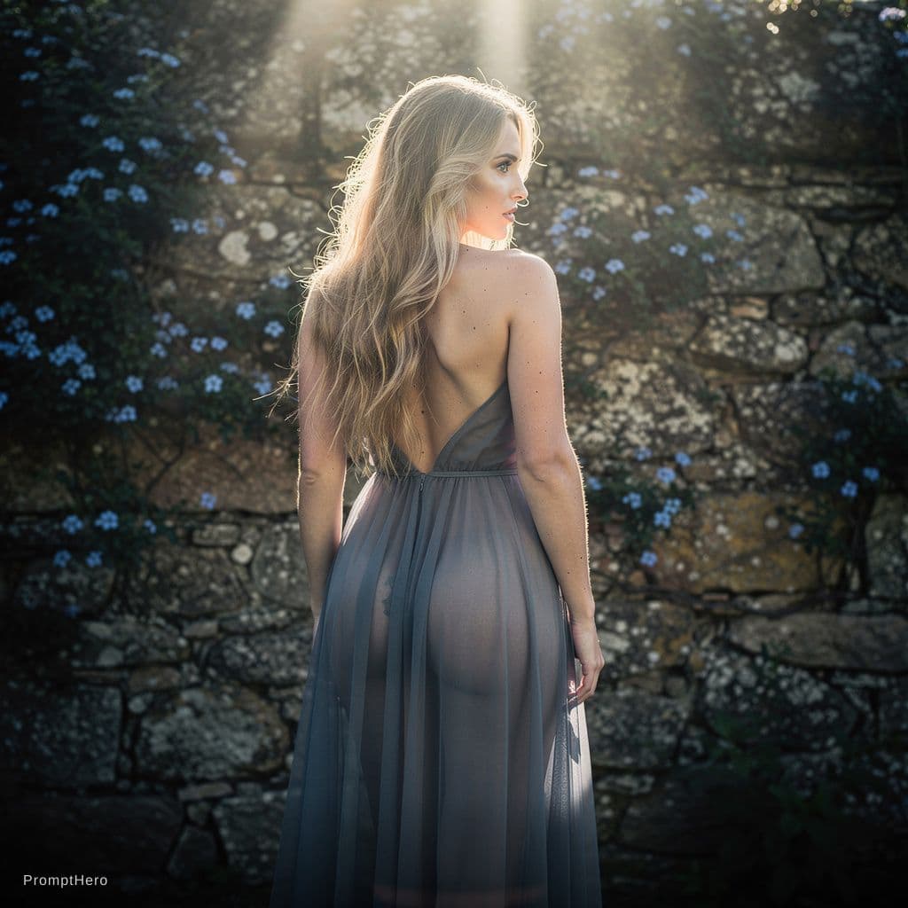AI generated: standing facing an old stone wall blue flowers, (full length: 1.5) photo of a 30 years old (naked: 1...