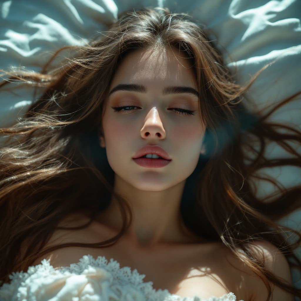 AI generated: a woman with long hair laying in bed, in the style of yigal ozeri, anamorphic lens flare, bella kota...