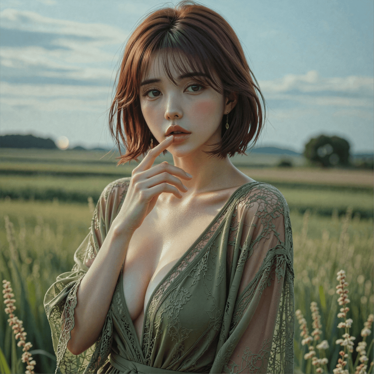 AI generated: A photorealistic gravure-style portrait of a beautiful young Asian woman with a short chestnut-brown...