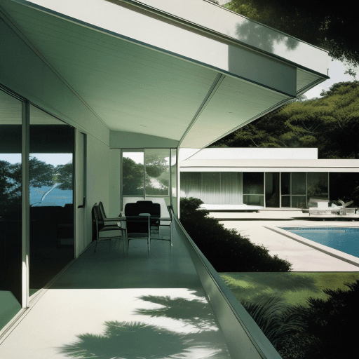 AI generated: Hyper realistic eye level exterior photo of a mid century modern style house overlooking the ocean, ...