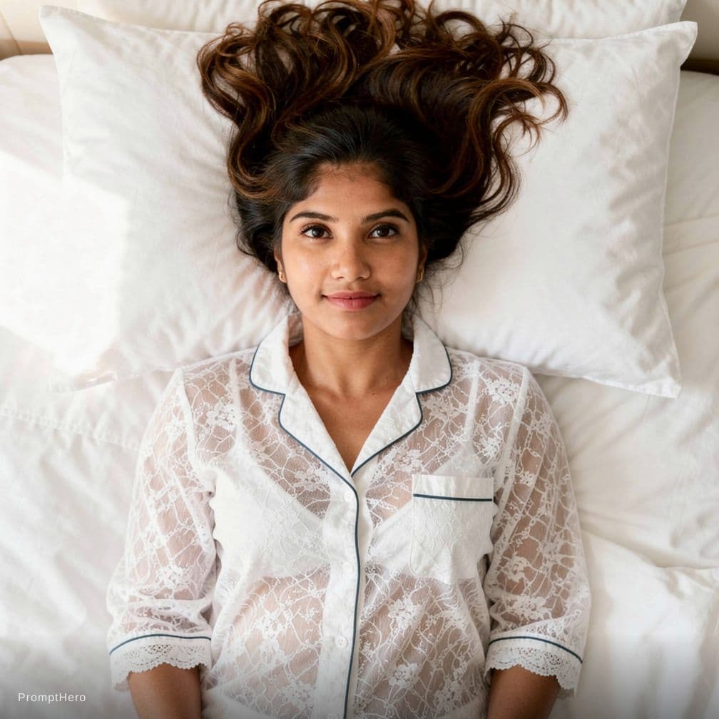 AI generated: Create a high-resolution photograph of a fit adult woman lying on her back in a bed covered with pri...