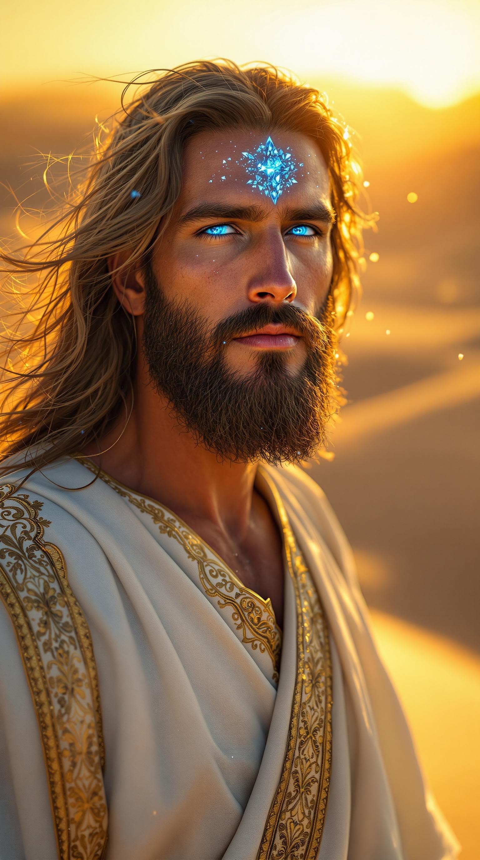AI generated: A hyper-realistic close-up portrait of Jesus Christ standing in the desert. His long, flowing brown ...