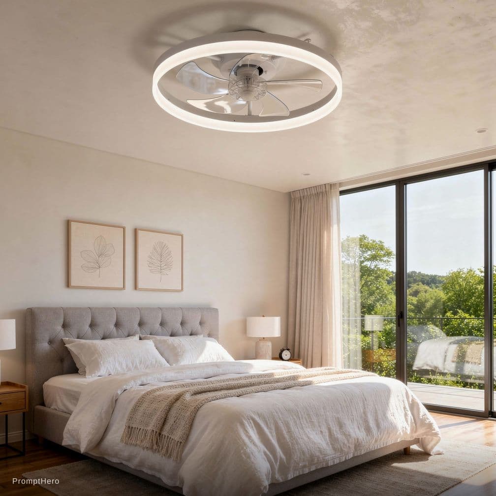 AI generated: Lifestyle photo for Amazon listing, modern flush mount ceiling fan with light installed in bright Am...