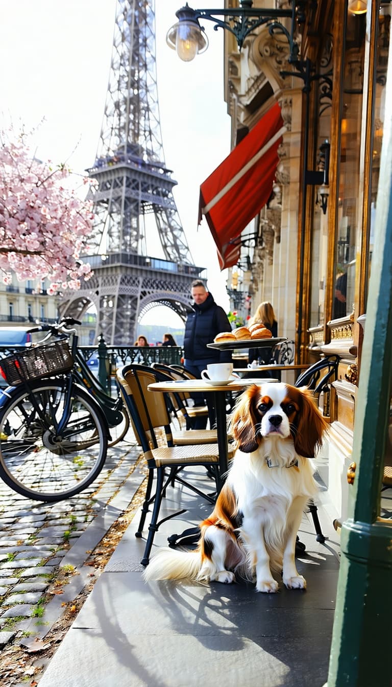 AI generated: A charming Cavalier King Charles Spaniel sitting on a cobblestone street café terrace in Paris, surr...