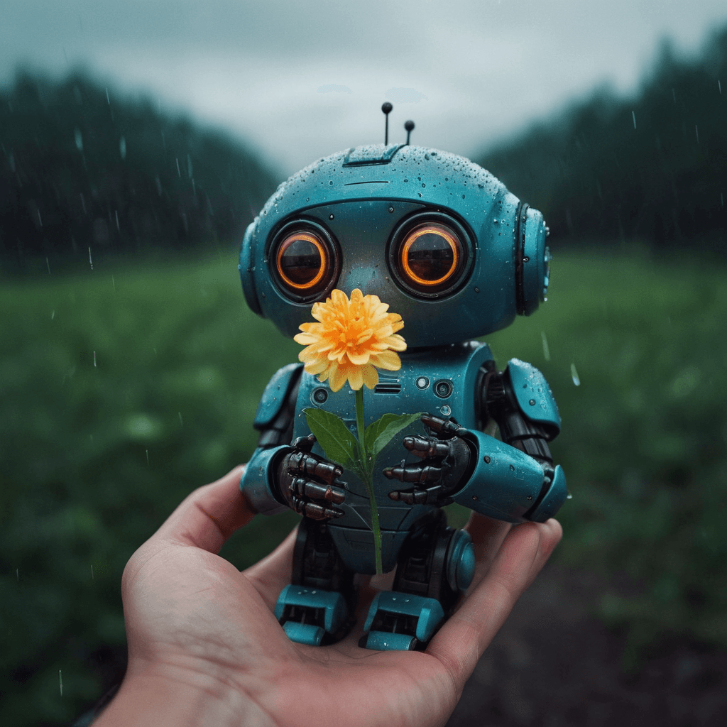 AI generated: photo of sad tiny robot holding a glowing flower in hands, looking far, end of the world, apocalypse...