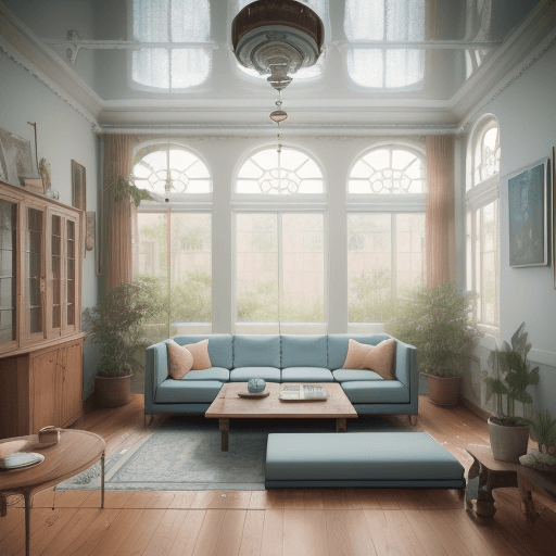 AI generated: High resolution photography interior design, dreamy sunken living room conversation pit, wooden floo...
