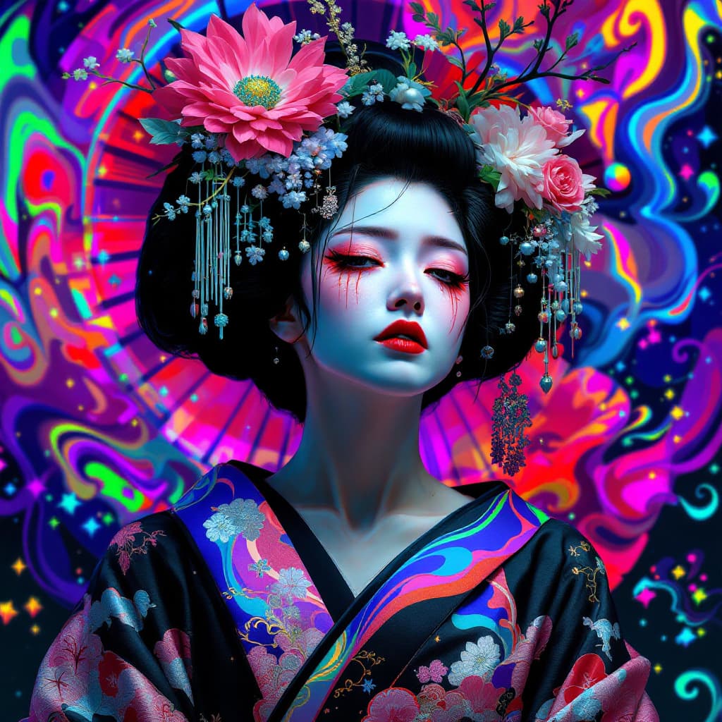 AI generated: phantasmal iridescent, portrat, Japanese black-haired geisha with depressive expression, colorful, s...