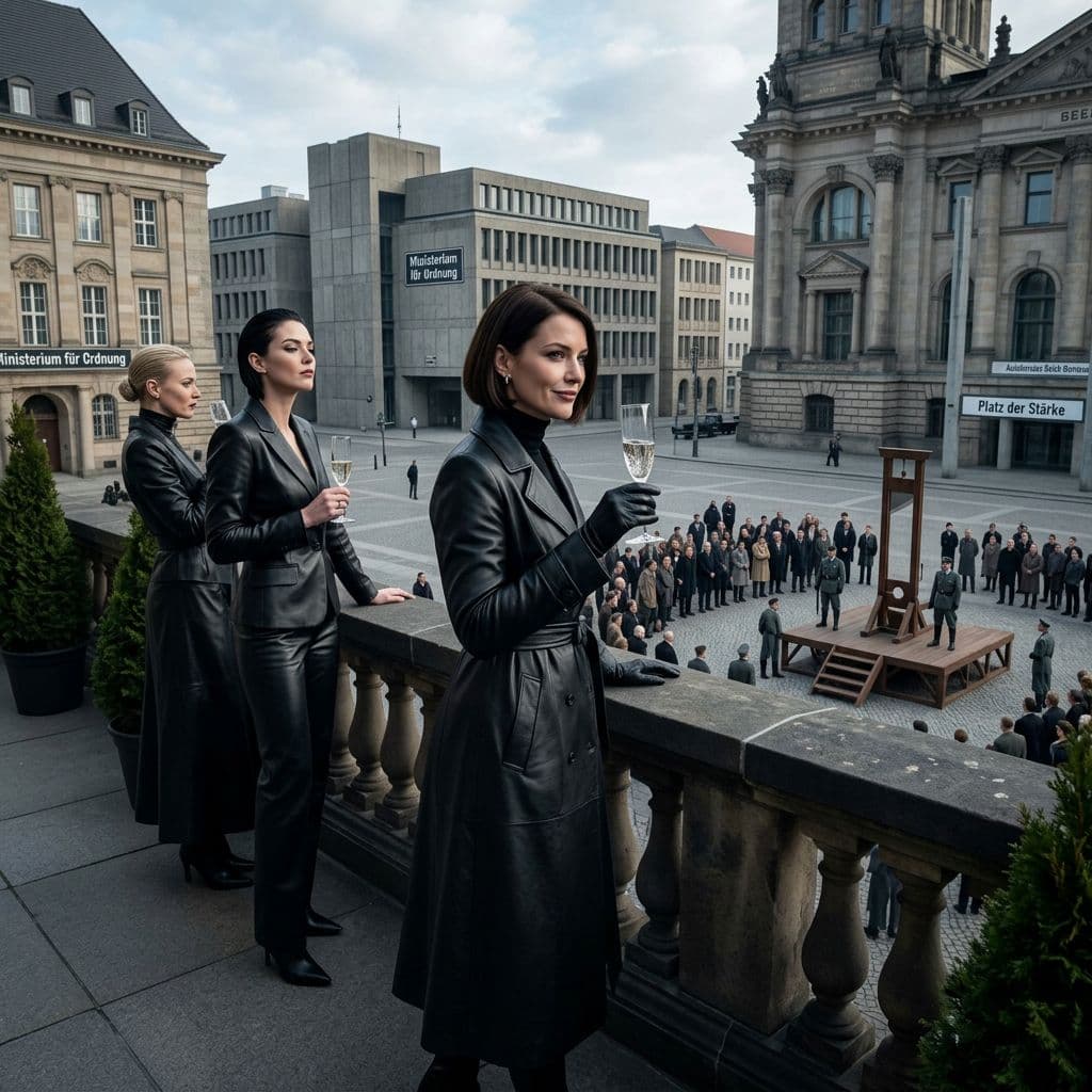 AI generated: Autokrates dominantes Femdom Reich der Damen, Deutschland 2026- Arrogante Damen stehen Camagner trin...