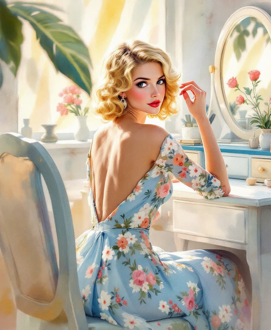 AI generated: Dressing Table Series
Watercolor illustration of a blonde woman in a vintage style, wearing a spring...
