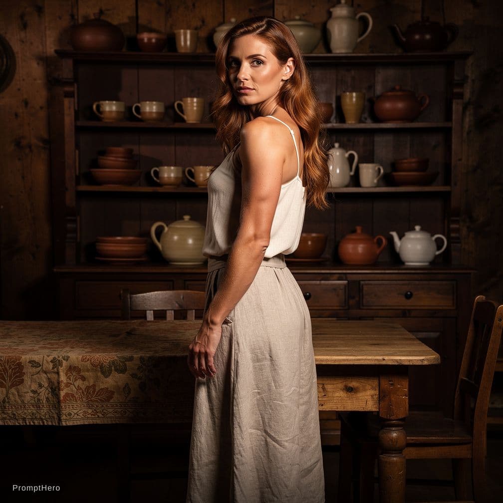 AI generated: Create a photorealistic image of a fit, nude adult woman standing infront of a table in an old-fashi...