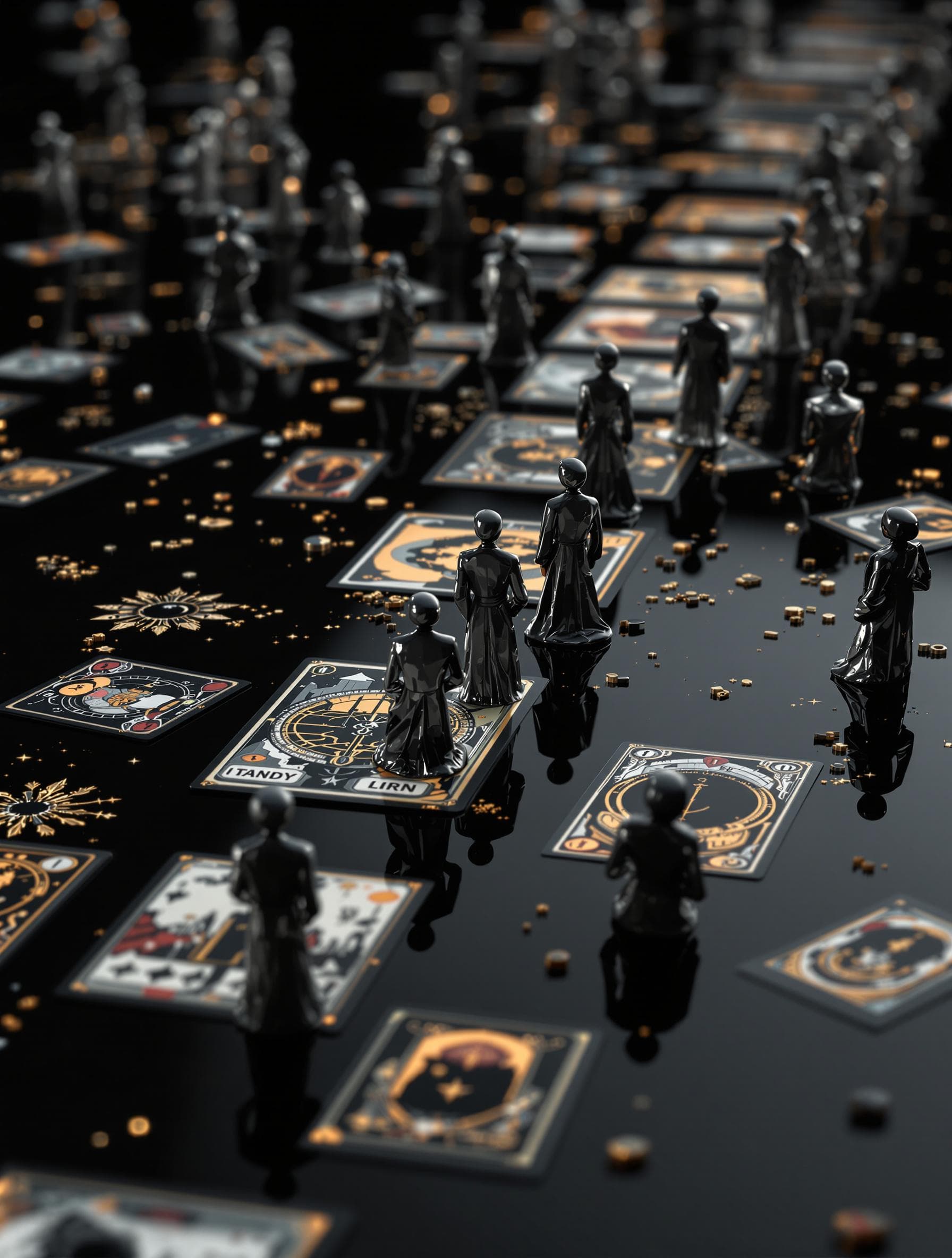 AI generated: super realistic, extreme detailing, artistic look, a line of many tarot cards with 3D human like, ea...