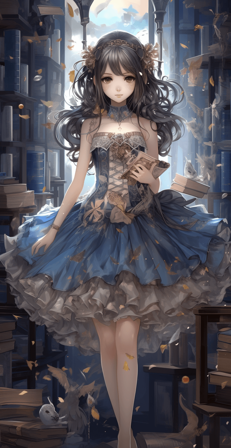AI generated: A cute blue dress worn by a girl surrounded by books, in the style of anime, dark silver and light b...