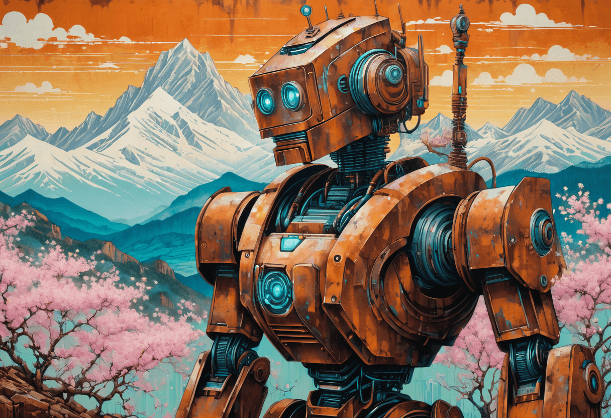 AI generated: wall Graffiti, mountains, intricate background, (portrait of a rusty cyber-robot, masterpiece:1.1) ,...
