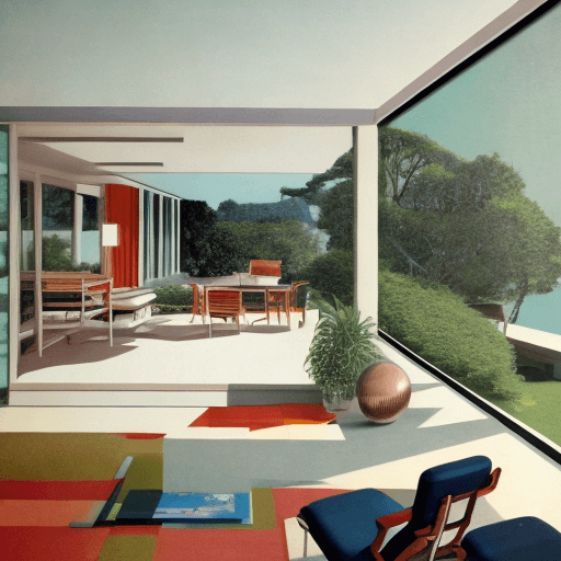 AI generated: Hyper realistic eye level exterior photo of a mid century modern style house overlooking the ocean, ...