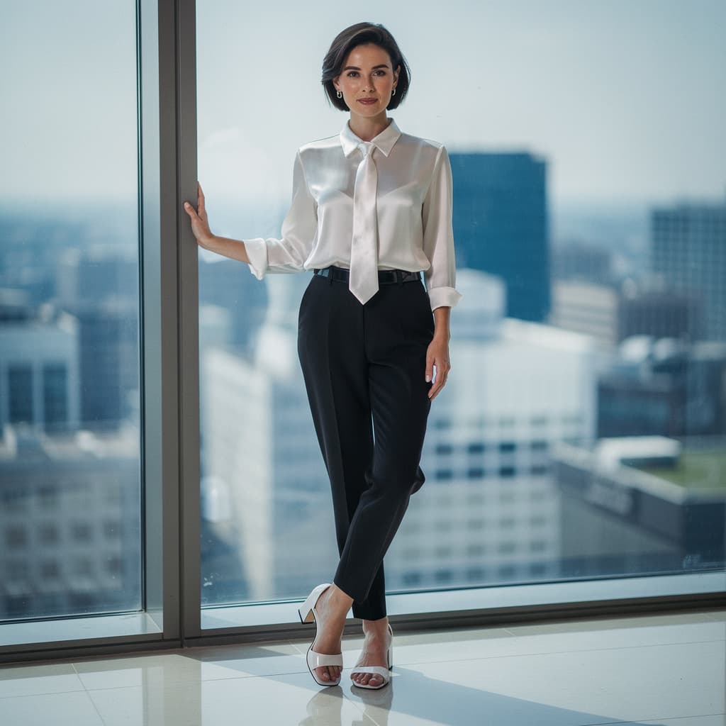 AI generated: Photorealistic full-body portrait of an adult english woman woman standing in front of a floor-to-ce...