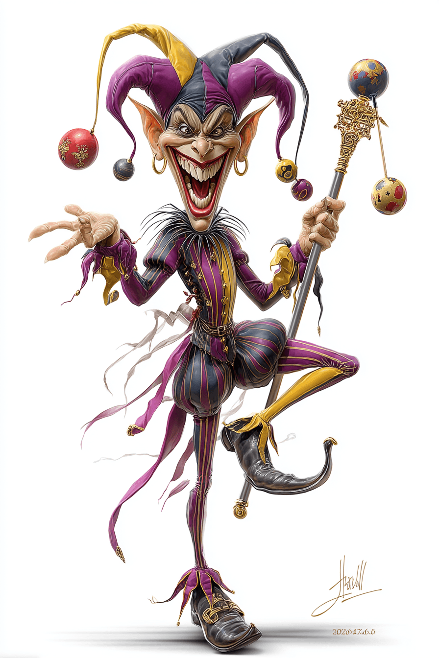 AI generated: funny caricature, sinister jester, nordic ethnicity, 30 years old, playful, twisted, unpredictable, ...