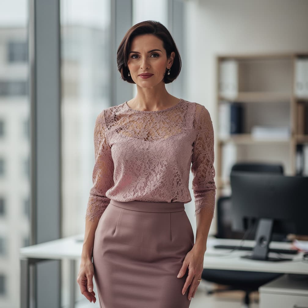 AI generated: A portrait of a nude milf with short dark brown hair, standing in a office, wearing only a pink lace...