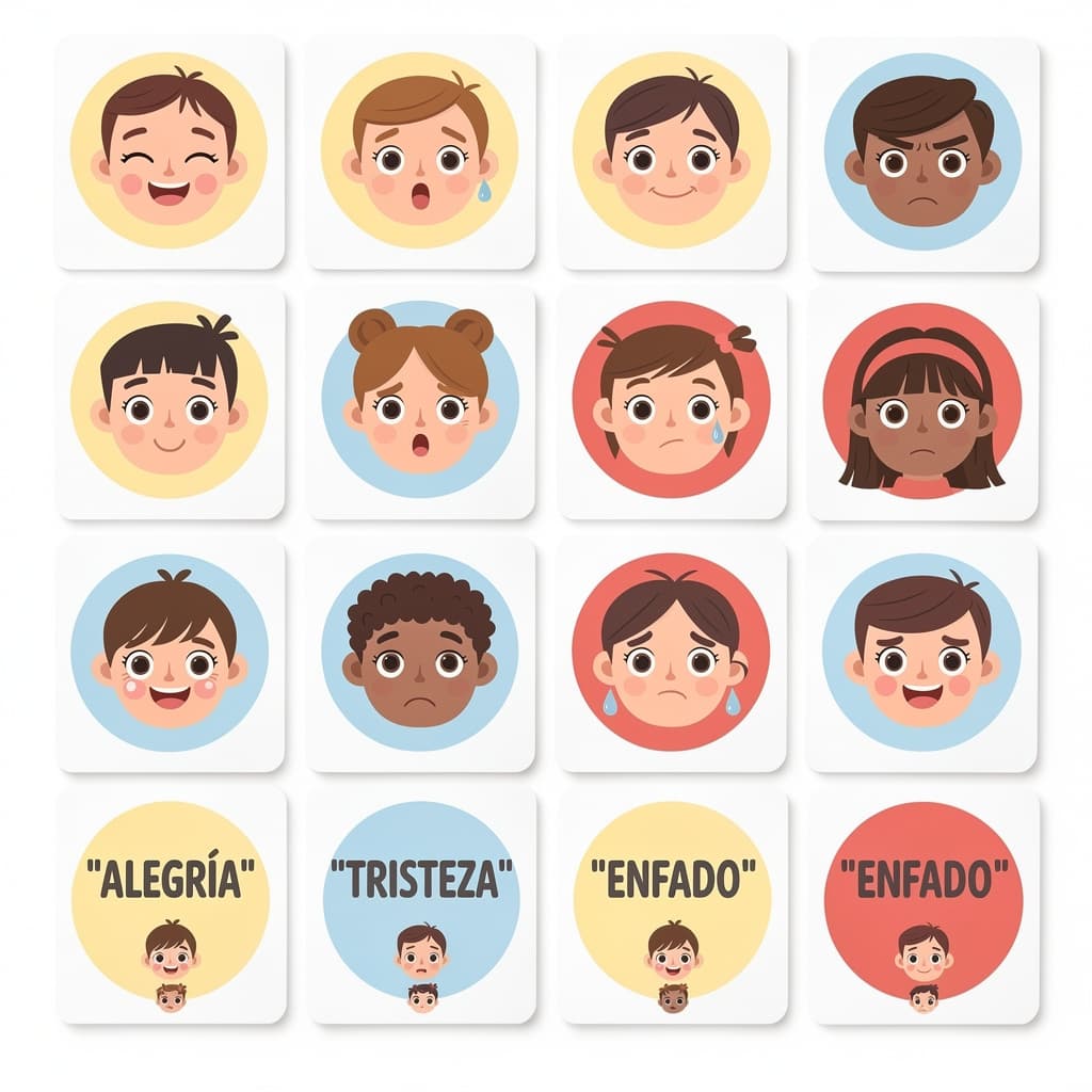 AI generated: Set de 24 tarjetas de emociones estilo juego educativo "Feelings", dispuestas en cuadrícula 4x6 sobr...