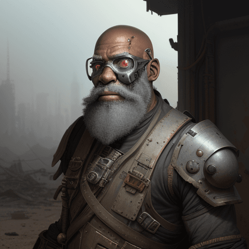 AI generated: 8k an elderly bald african american in rusty scavenger armor and a welders mask a long white beard a...