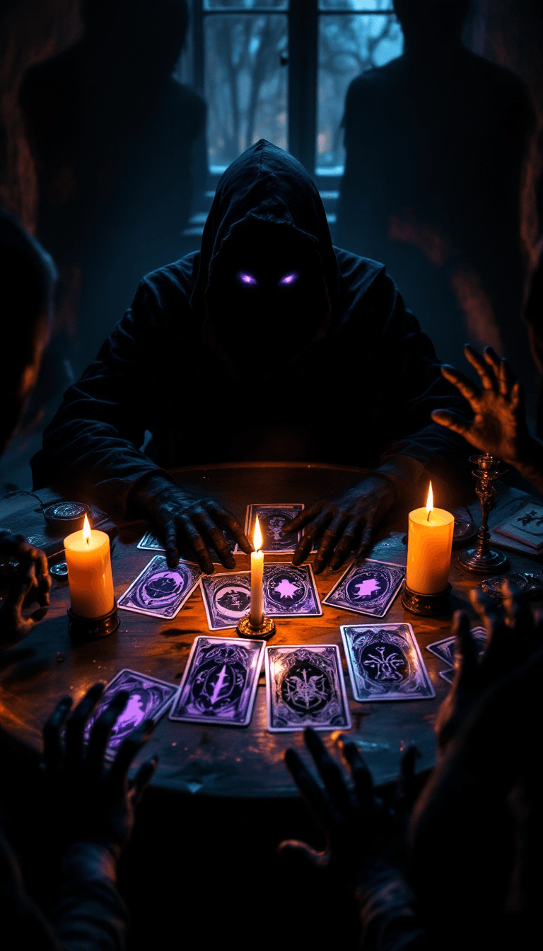 AI generated: A shadowy figure sits at a table bathed in flickering candlelight, their form barely visible apart f...