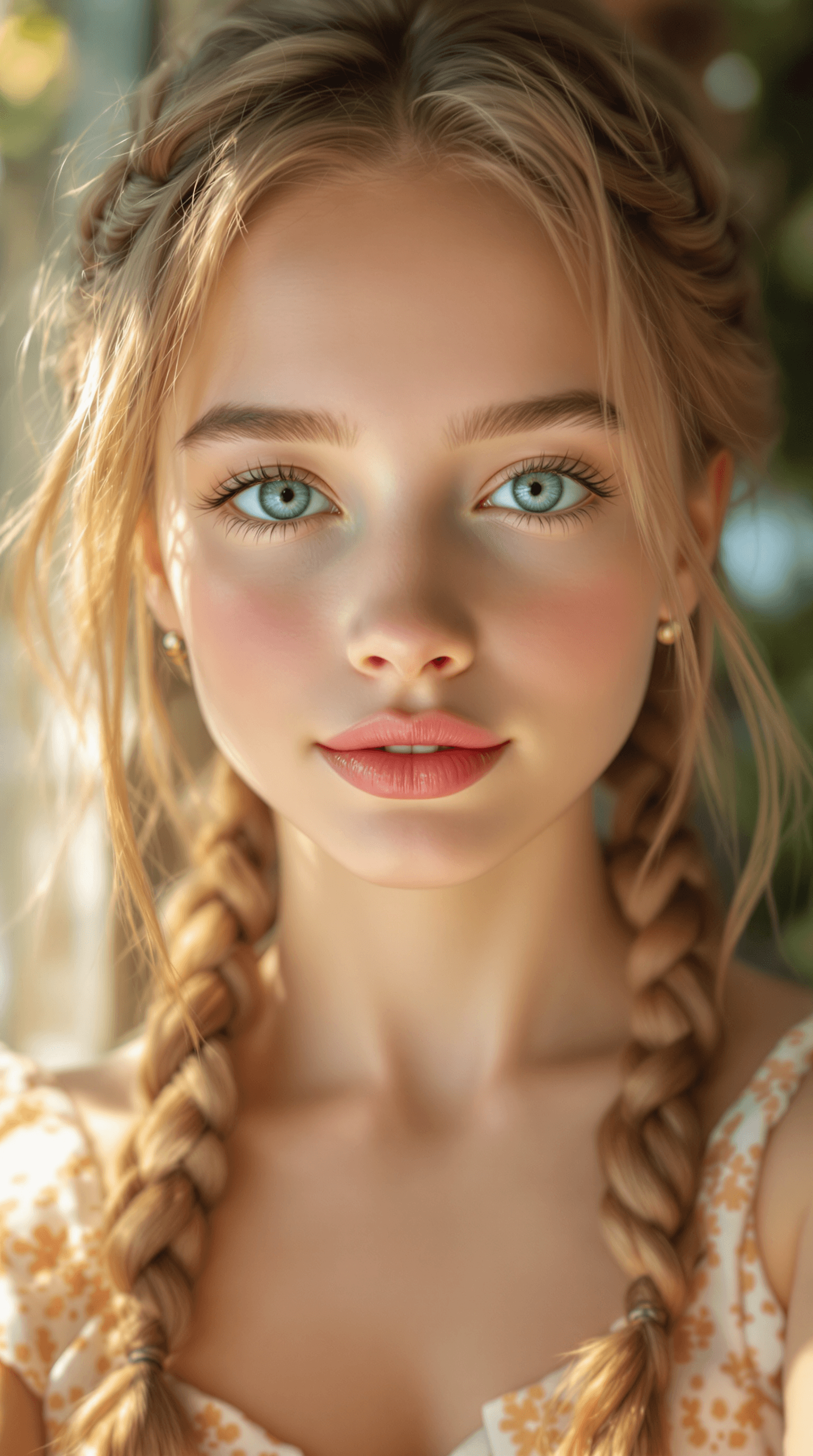 AI generated: a close-up, waist-up view of a cute girl with light brown braided hair, delicately styled to frame h...