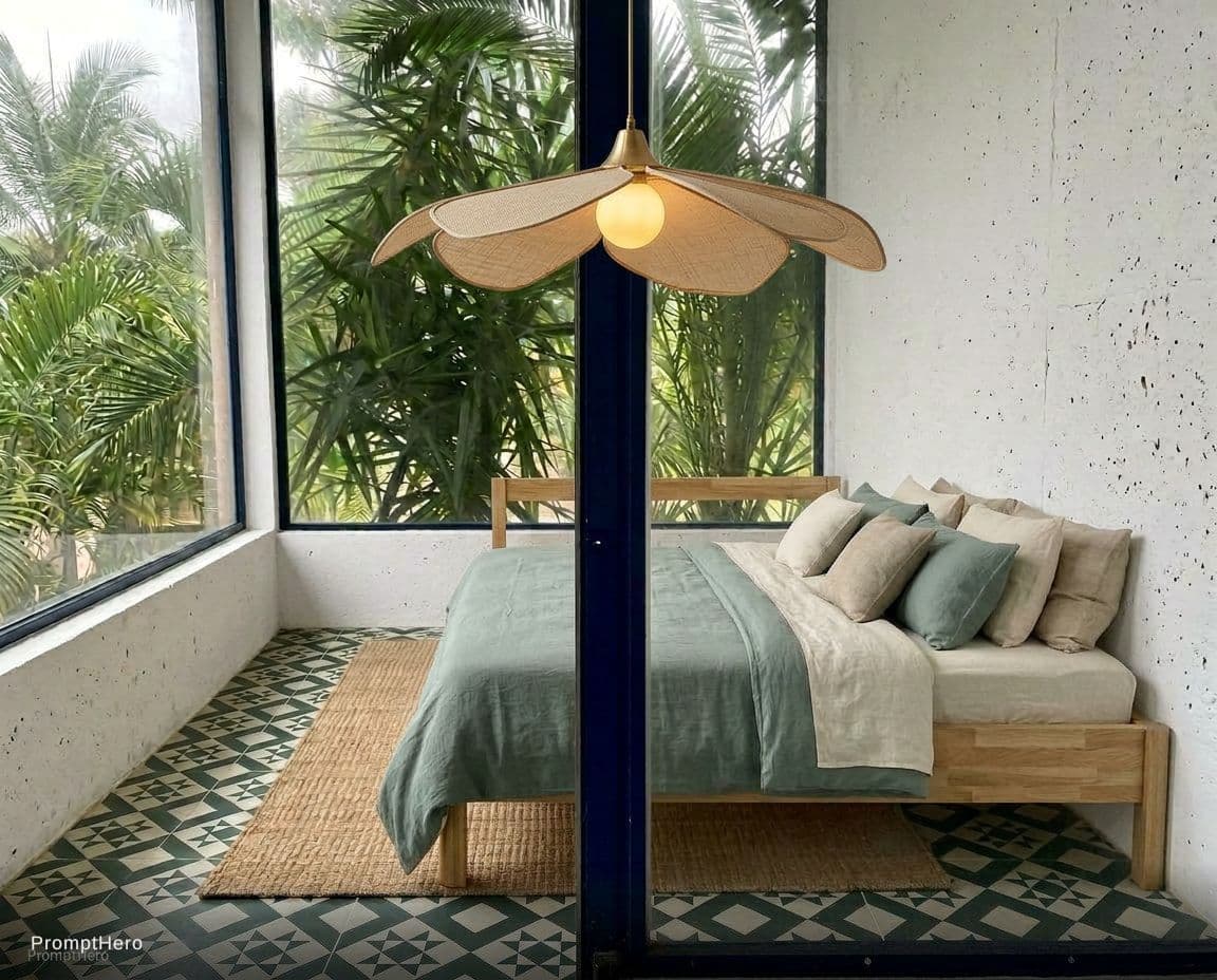 AI generated: 
Add bed sheets that match the colours. Add this lamp thats hanging from the roof