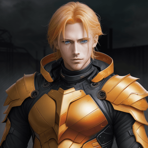 AI generated: photograph of golden hair, golden armor, blue eyes, in the style of dark orange and dark emerald, po...