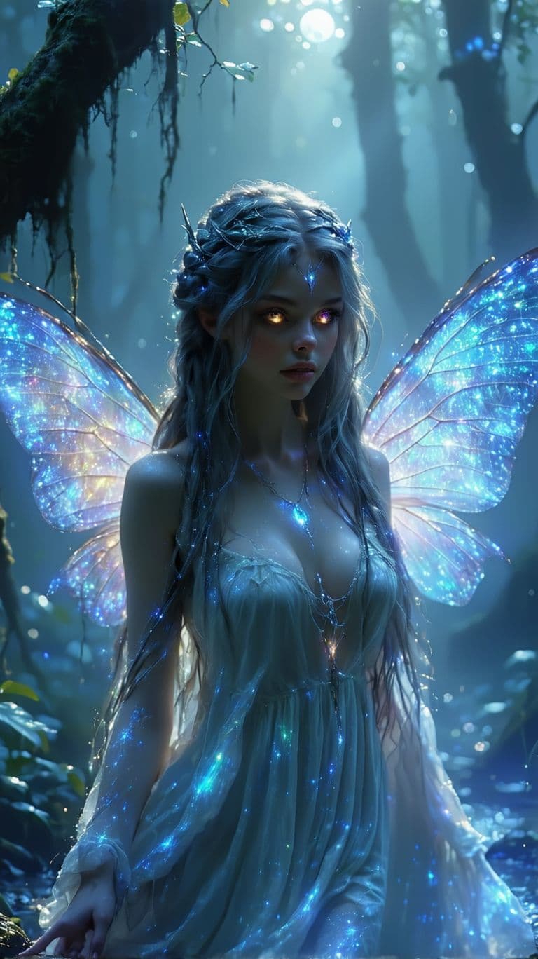 AI generated: In a misty, moonlit forest, a Beautiful elysian nymph emerges from the shadows, her ethereal beauty ...
