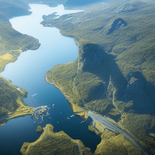 AI generated: Nordic fjord, summer morning light, aerial view, cinematic Light, Soft illumination, cinematic compo...