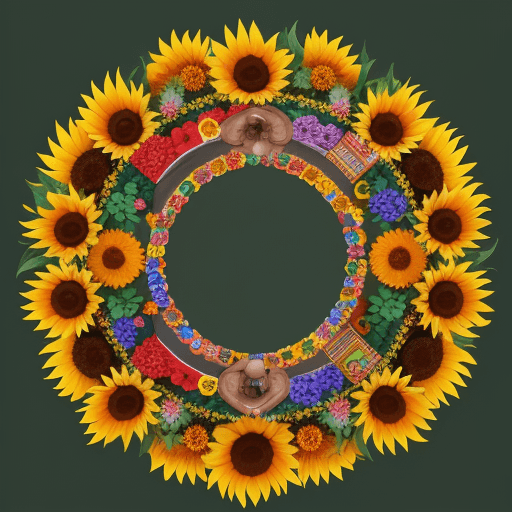AI generated: a shen ring surrounded by sunflowers, rainbows, and hearts, afro pop style