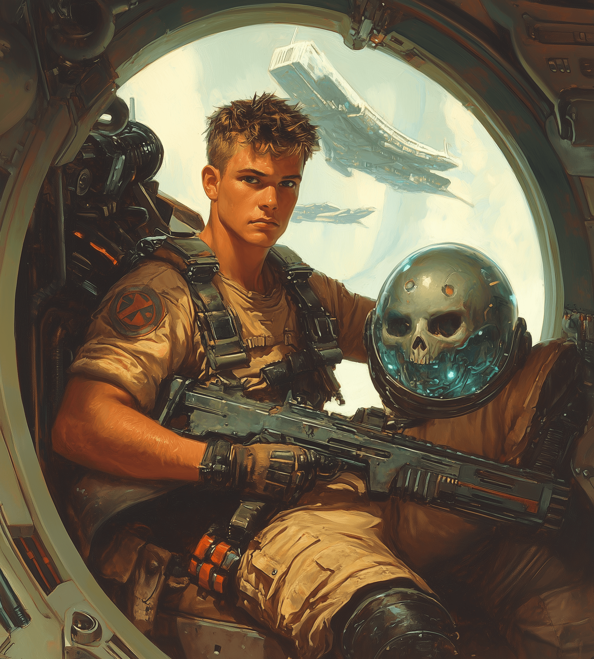 AI generated: A young man with short hair, holding an electric rifle and sitting on top of a skull-shaped helmet i...