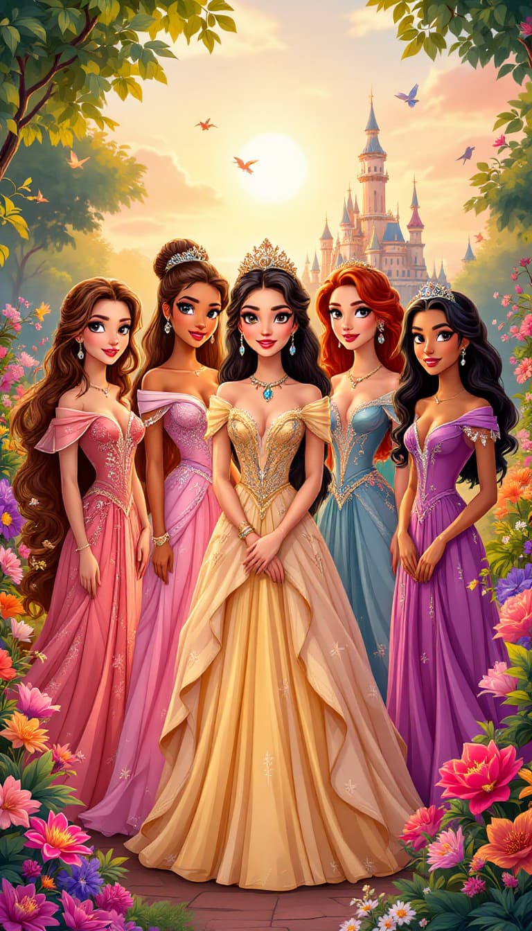 AI generated: "A group of elegant princesses inspired by classic fairy tales, standing together in a vibrant, ench...